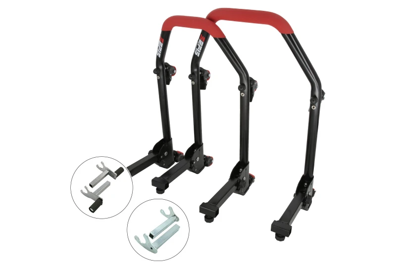 SEFIS M20U klappbarer mobiler Universal-Motorradständer SET Front und Heck - 2in1 / Racing (Haken)